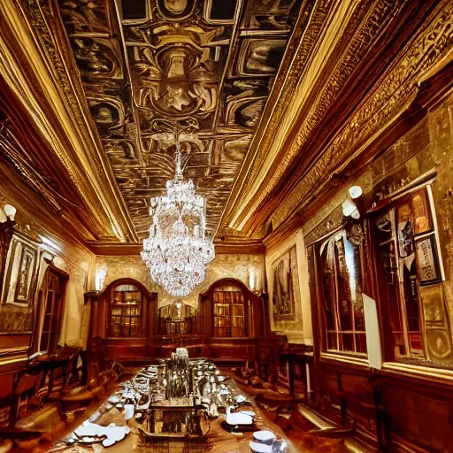 Prompt: ornate dining hall, secret society, illuminati, chandelier, massive, beautiful, ominous, painting on the ceiling, perspective of a guest sitting down