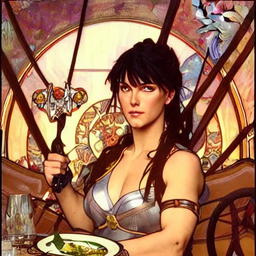 Prompt: xena warrior princess eating at a restaurant art by artgerm and greg rutkowski and alphonse mucha w 7 6 8