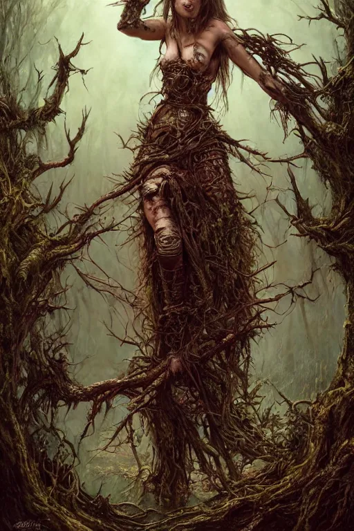 Image similar to wide perspective, very complex hyper-maximalist overdetailed cinematic darkfantasy portrait of a beautiful woman bound by thorns in a rotting bog by andrei riabovitchev, tomasz alen kopera, oleksandra shchaslyva. Omnious intricate, octane, Deviantart, hyper detailed illustration, 8k