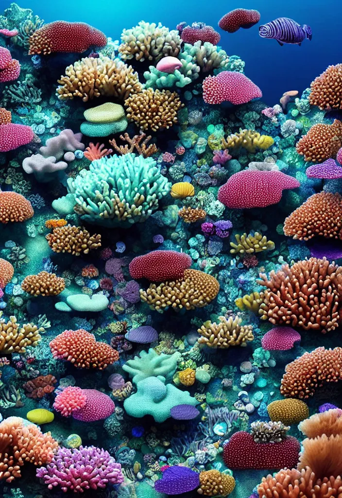 Image similar to A beautiful, hyperrealistic ultradetailed 3d render of an underwater coral reef made of iridescent crystals by stephen martiniere and Antonio Manzanedo, 8k, high detail, 3d render, vray, raytracing, unreal engine, volumetric lighting, ultrawide angle, featured on artstation, a diamond, transparent crystals, gems, cubic minerals, cubic crystals, colorful crystals, iridescent, epic scale