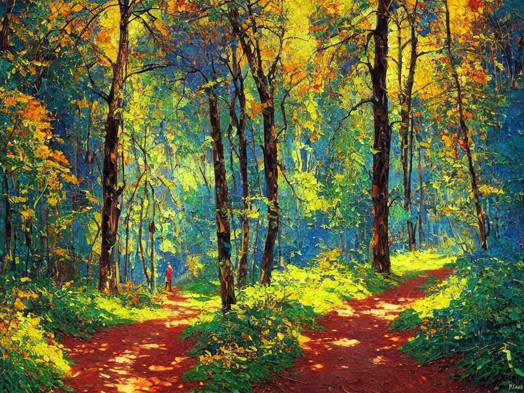 Prompt: majestic nature scenery, forest path, breathtaking oil painting by erin hanson, alexi zaitsev, karl spitzweg, craig mullins, award winning, impressionistic