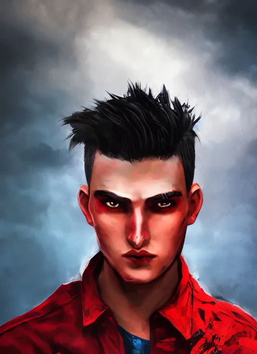 Image similar to An epic fantasy comic book style portrait painting of a young man with black and red cowlick undercut haircut, wearing a red shirt, black overcoat, blue jeans. Unreal 5, DAZ, hyperrealistic, octane render, cosplay, RPG portrait, dynamic lighting