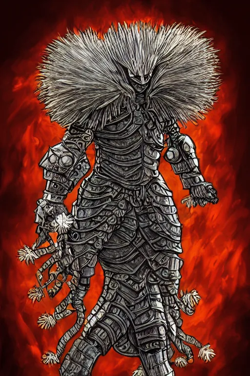 Prompt: armoured warrior dandelion monster, symmetrical, highly detailed, digital art, dandelion themed armour, sharp focus, trending on art station, kentaro miura manga art style