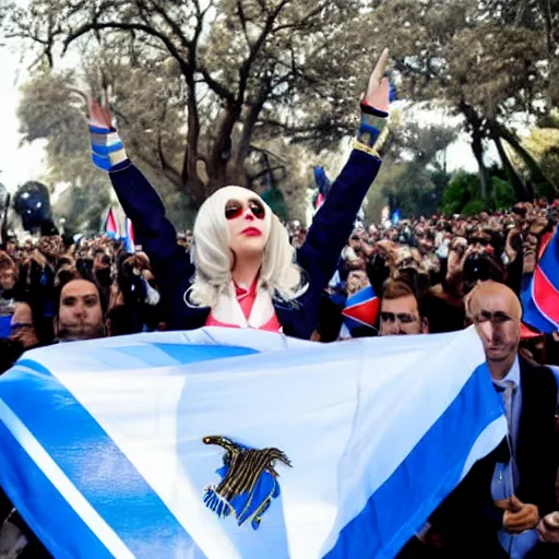 Image similar to Lady Gaga as president, Argentina presidential rally, Argentine flags behind, bokeh, giving a speech, detailed face, Argentina