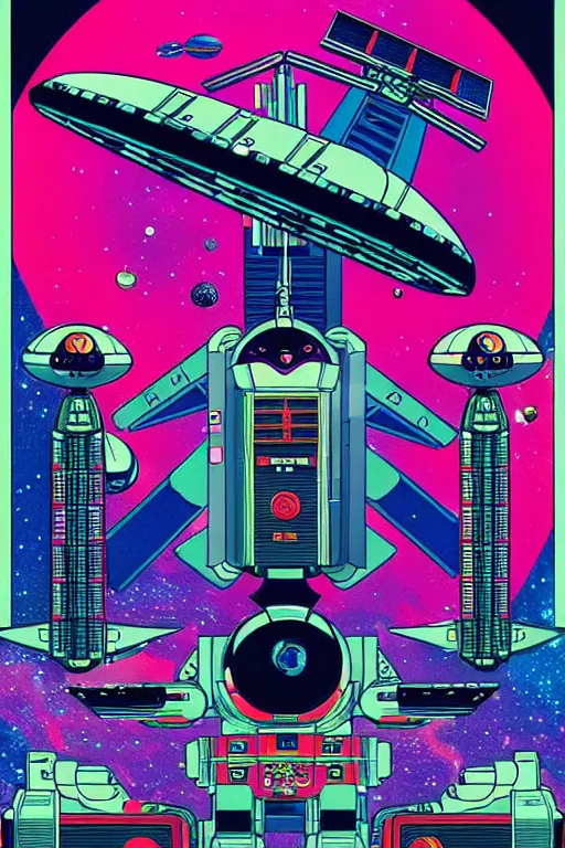 Prompt: drawing of an 8 0 s art deco international space station filled with electronic equipment, japanese gundam mech, robots, led screens, droids, a detailed comic panel by kilian eng, moebius, featured on deviantart, psychedelic art, psychedelic, dmt