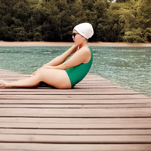 Prompt: a film photography of a woman slender, wearing a mint green one-piece swimsuit, wearing a white bathing cap, sitting on a wooden dock, Lying on back, perpendicular to the camera, 50mm medium shot, Kodak Portra 800, Leica M6 film camera, light film grain, Lying on back, perpendicular to the camera