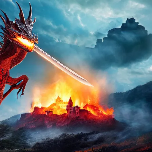 Image similar to a knight with sword leaping on a dragons back as the dragon breathes fire and inflames the ground beneath him, smoke everywhere with castle in distance, stormy, raining, 4 k, hd, realistic