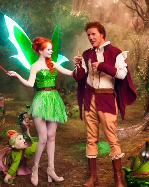 Prompt: Madelaine Petsch as Peter Pan and Will Ferrel dressed as Tinkerbell, cinematic, Trending on Artstation, in the style of Ridley Scott, Neverland, Magical, Ethereal