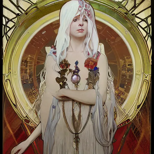 Image similar to portrait of small, rubbery, huge-eyed, big-lipped albino mutant priestess with elaborate white hair by Alphonse Mucha, Greg Rutkowski, Anato Finnstark, and Studio Ghibli
