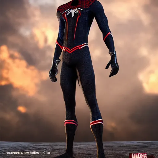 Image similar to black spider - man suit with white web lining, cinematic, volumetric lighting, realistic, hyperdetailed, photorealistic, photograph