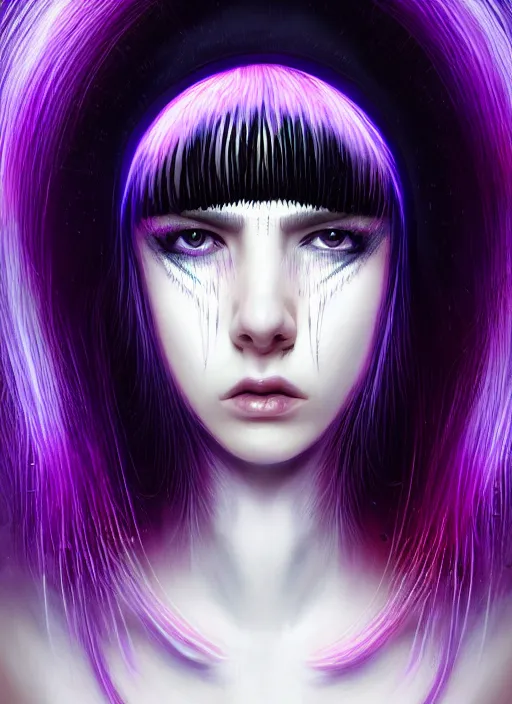 Image similar to hair whitebangs hair, black cyberlox, portrait of teenage girl with white bangs, whitebangsblackhair, messy bangs, cyberlox, whitebangs, red irises, purple clothes, intricate, elegant, glowing lights, highly detailed, digital painting, artstation, concept art, sharp focus, illustration, art by wlop, mars ravelo and greg rutkowski