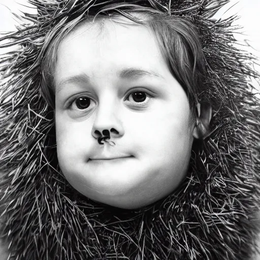 Image similar to Portrait of someone being half human, half potato, half hedgehog, photograph by Annie Lebowitz, very detailed, black and white, 35mm