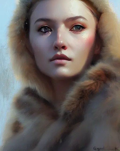 Image similar to a beautiful siberian girl with bear fur coat | | realistic shaded, unpleasant face, bad looking, fine details, realistic shaded lighting poster by greg rutkowski, magali villeneuve, artgerm, jeremy lipkin and michael garmash and rob rey