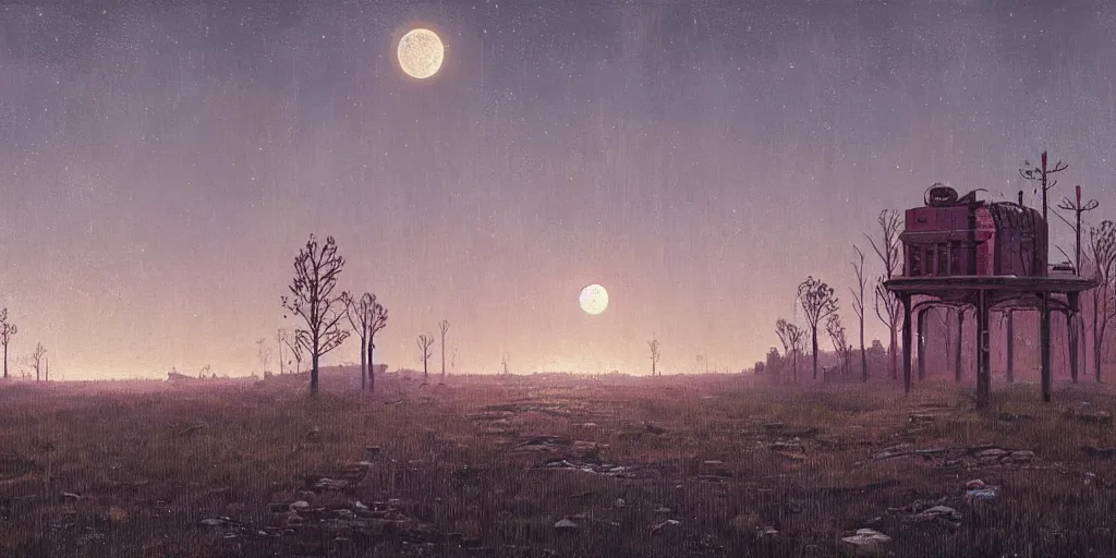 Image similar to abandoned civilisation at full moon night, landscape painted by simon stalenhag