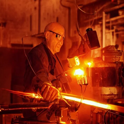 Image similar to weapon made from old egg beater, balding older cyborg repairing, red hot soldering iron, dark messy smoke - filled cluttered workshop, dark, dramatic lighting, orange tint, cinematic, highly detailed, sci - fi, futuristic, movie still from blade runner