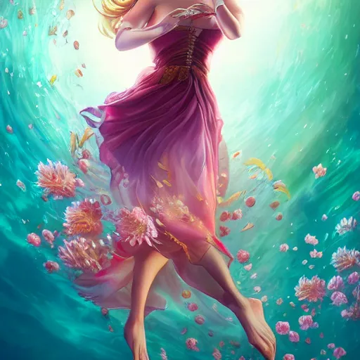 Prompt: Triss Merigold in a swirling sundress of flowers, underwater, floral explosion, radiant light, vortex of plum petals, by WLOP, Tristan Eaton and artgerm, artstation, deviantart