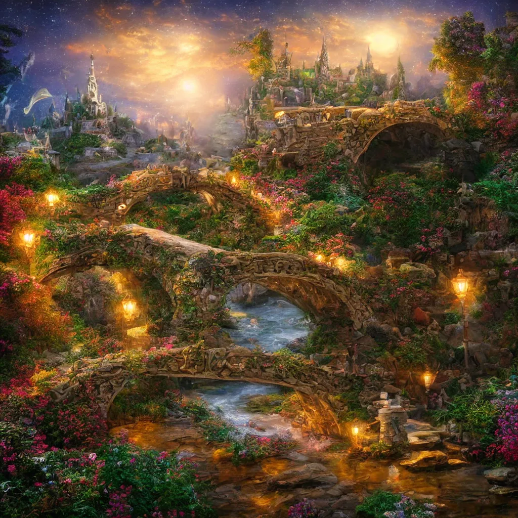 Prompt: 3 d high relief painting of fairyland bridge, outside of time and space, dreamy, romantic, night lighting, highly detailed, 8 k