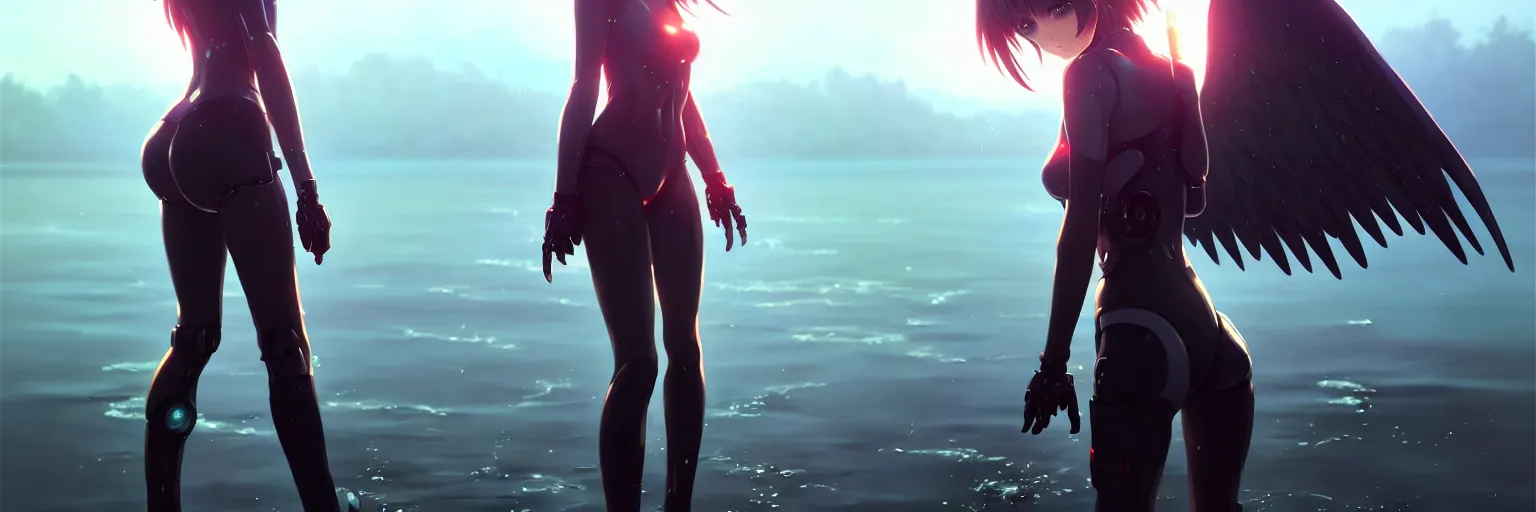 Image similar to wlop!!, ilya kuvshinov, artgerm!!!, krenz cushart, greg rutkowski, a beautiful cyborg - angel girl!! standing on a lake, rainfall, biomechanical details, digital cyberpunk anime art, full body shot!!, reflections!!, lens flare