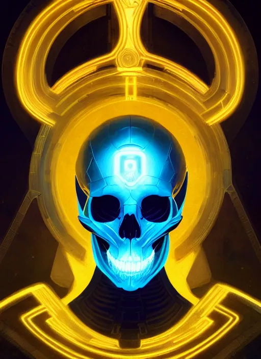 Image similar to symmetry!! portrait of a skull, sci - fi, tech wear, blue and yellow glowing lights!! intricate, elegant, highly detailed, digital painting, artstation, concept art, smooth, sharp focus, illustration, art by artgerm and greg rutkowski and alphonse mucha