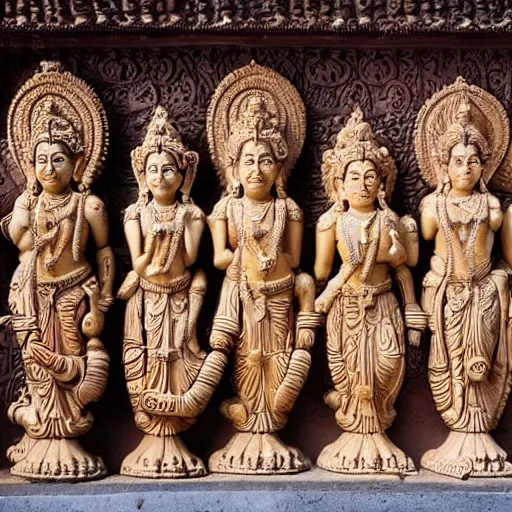 Prompt: hindu gods and goddesses posing together, carved in a temple