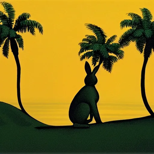 Image similar to rabbit near the sea watching the sunset, some palm trees, by eyvind earle, scott wills, genndy tartakovski