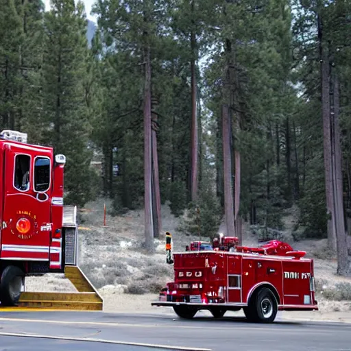 Prompt: red fire truck leaving fire station in big bear lake