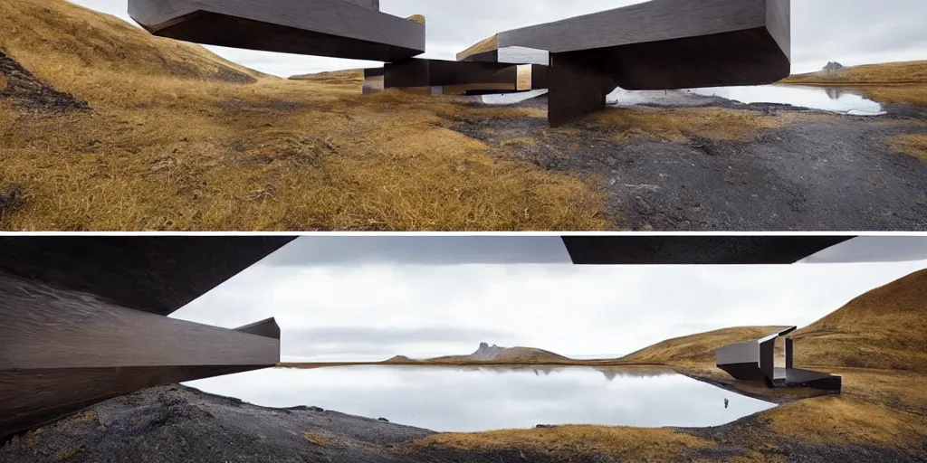 Image similar to futuristic architect house made from deconstucted burnt wood and mirrors, floating, portal, refraction, iceland landscape photography, by lurie belegurschi and gunnar freyr