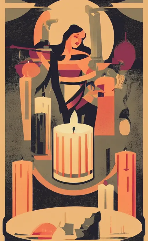 Image similar to illustration with a set of beautiful scented candles, an art deco painting by tom whalen, trending on behance, art deco, retro illustration, digital illustration, storybook illustration, grainy texture, flat shading, vector art, airbrush, pastel, watercolor, poster