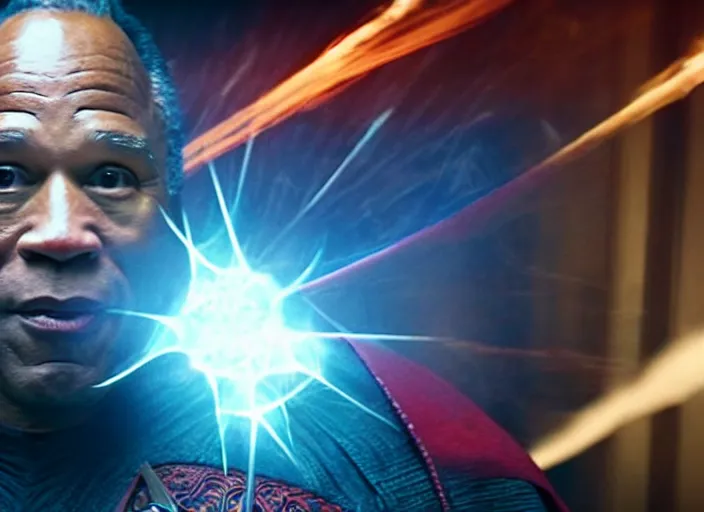 Prompt: film still of oj simpson as dr strange using magic in multiverse of madness, 8 k