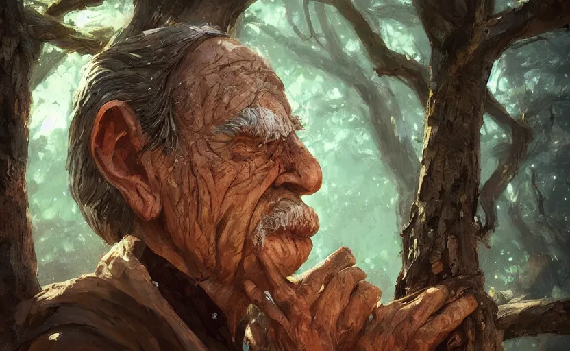 Prompt: an old man's face made of bark and wood in a tree, magical, fantasy art, 8k hdr pixiv dslr photo by Makoto Shinkai ilya kuvshinov and Wojtek Fus, digital art, concept art,