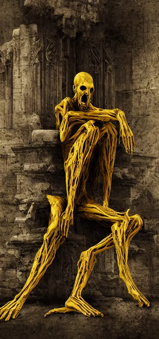 Image similar to a tall pale humanoid being sitting upon an ornate stone throne, 4K, digital art, horror, dramatic, wearing a long yellow rotting garment, dark, hyperrealistic, perspective,