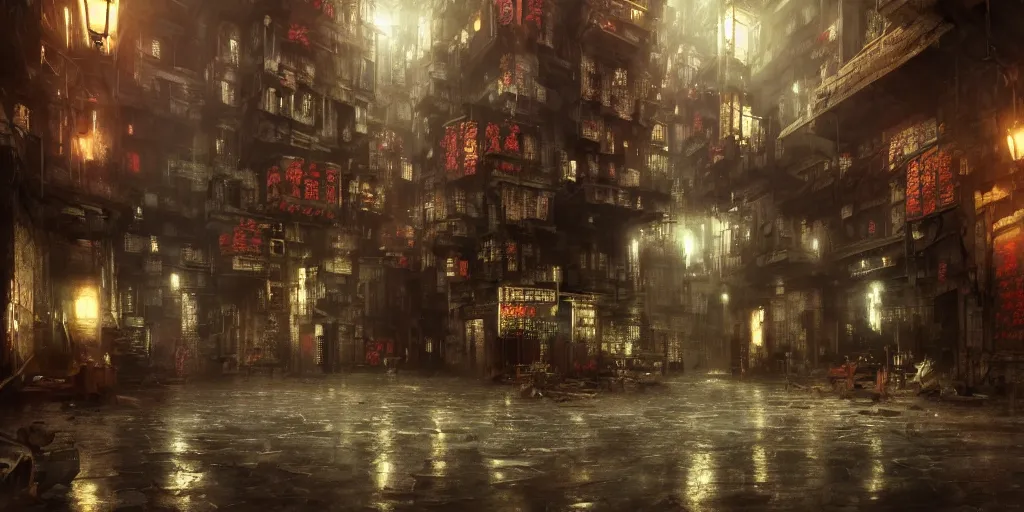 Image similar to inside of kowloon walled city by night, apartments interior, concept art, steetlamps, dark atmospheric style, dark shadows, reflections, epic composition, intricate, elegant, volumetric lighting, digital painting, highly detailed, artstation, sharp focus, illustration, octane render, concept art, ruan jia, steve mccurry