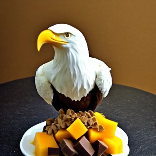 Image similar to a bald eagle made of chocolate powder, mango, and whipped cream