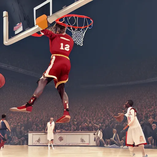 Image similar to napoleon Bonaparte slam dunks in an NBA game, highly detailed, 8k, octane render