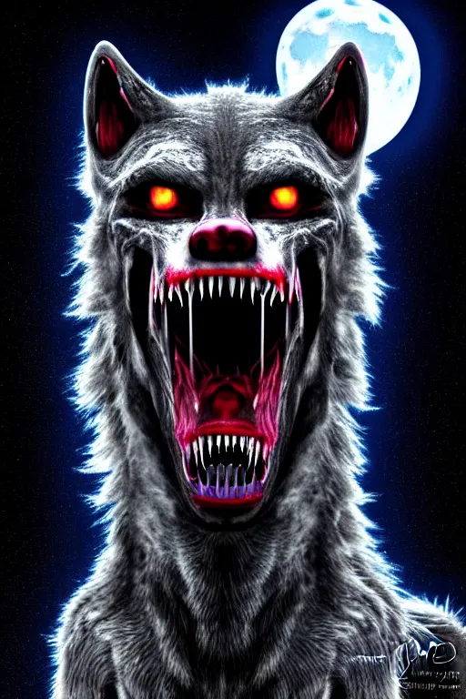 Image similar to a portrait of a scary snarling werewolf with sharp fangs and claws that is howling at the moon, highly detailed, digital photo, hdri, by christopher bretz and john carpenter, vivid colors, high contrast, 8 k resolution, intricate, photorealistic, smooth, psychedelic color scheme, concept art, award winning, cg society contest winner