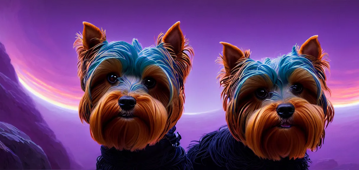 Prompt: post - minimalism portrait of infinite yorkshire terriers, top down view, the magic eclipsing, iridescent tubes, vibrant color scheme, highly detailed, in the style of romanticism, cinematic, artstation, moebius, greg rutkowski