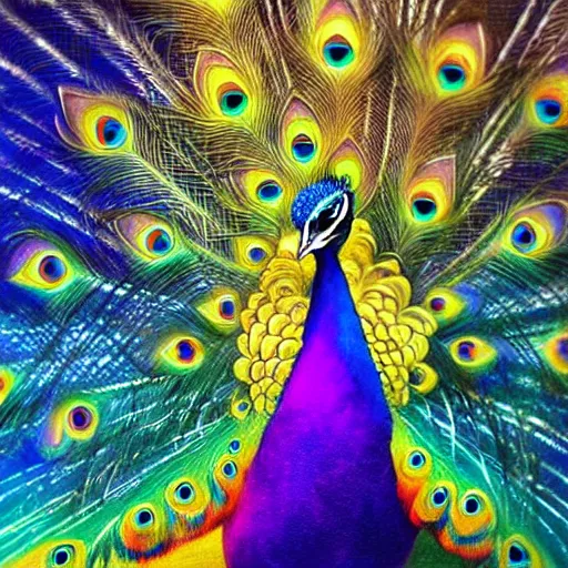 Prompt: A beautiful peacock made up of glowing light, painting by Jon Ching