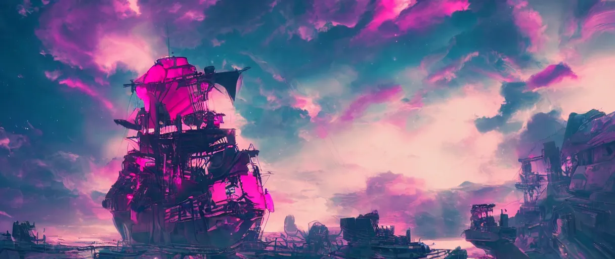 Image similar to space, portrait big dark punk, illustration, punk mohawk, stars, pink, neon, oil painting, rich deep colors masterpiece, pirate neon ship, ultra detailed, contrast, heaven pink, clouds, volumetric light, atmospheric lighting, dramatic, cinematic, moody, octane render 4 k, 8 k