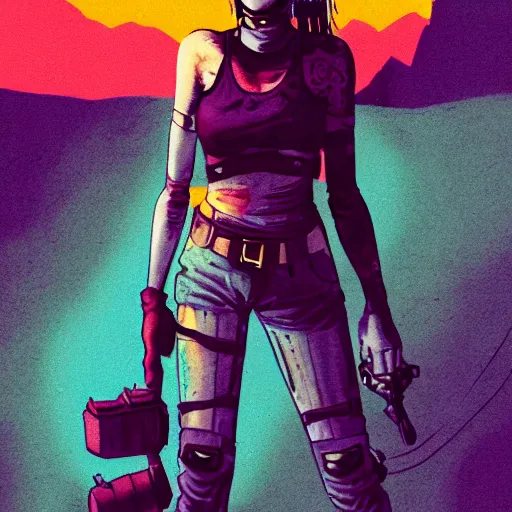 Image similar to a colorful comic noir illustration of a mad max woman in a post-apocalyptic city decaying in the desert, dark vibes, pastel lighting, cinematic, depth of field, 8k, high contrast
