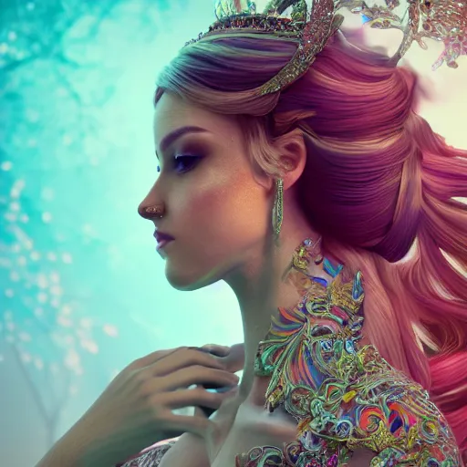 Image similar to side portrait of fairy princess, beautiful, attractive, glowing, ornate and intricate, jaw dropping, dynamic lighting, colorful, fairy tale, intricate and detailed, 4 k octane render, intricate wings