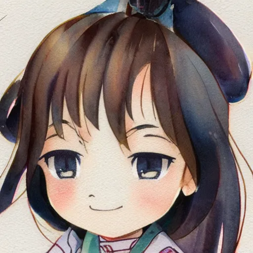 Prompt: beautiful water color concept art of face detailing cute nendoroid girl in the style of ukiyoe , toon rendering, close-up, no shade, modern art, kyoto animation