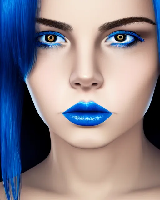 Image similar to realistic portrait of woman with black hair and blue eyes while she's sad, ultra realistic, 8k