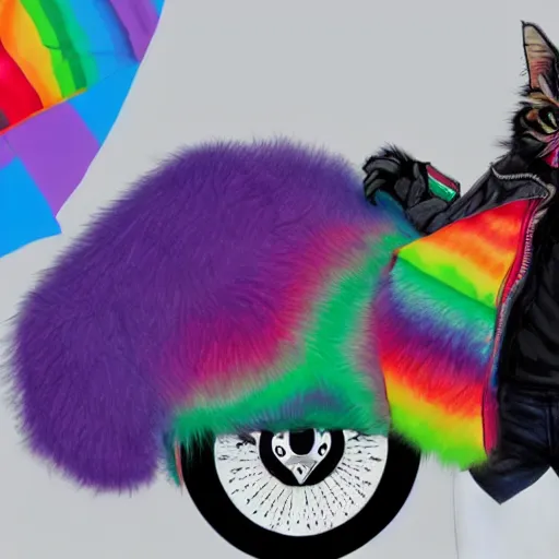 Image similar to wide angle full body, jacket wearing fluffy cute rainbow kitten wearing a black leather motorcycle jacket, cinematic concept art