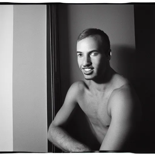 Image similar to a beautiful portrait of a happy handsome guy, new york city apartment, florescent lighting, kodak tri-x pan film, black and white, 35mm film, award winning photo, by larry clark 1994 from the international center of photography