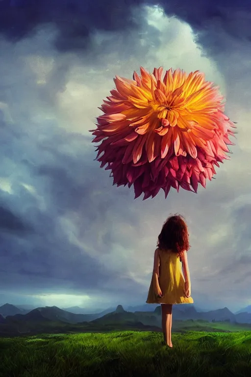 Image similar to closeup perspective, giant dahlia flower as head, girl standing on mountain, surreal photography, blue storm clouds, dramatic light, impressionist painting, digital painting, artstation, simon stalenhag