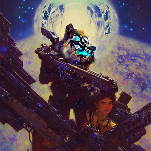 Image similar to portrait of a wolf in uniform as space lawyer. shadowrun furaffiniy cyberpunk fantasy highly detailed painting by gaston bussiere craig mullins jc leyendecker gustav klimt artgerm greg rutkowski john berkey, bergey, craig mullins, ruan jia, raymond swanland, jeremy mann, tom lovell, alex malveda