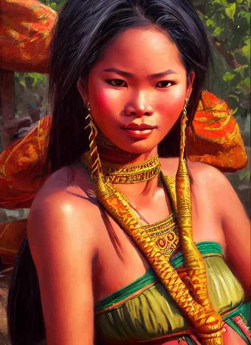 Prompt: portrait of a beautiful female khmer ethnic cambodia, closeup portrait, historical, ethnic group, traditional costume, elegant, loin cloth, highly detailed, oil painting, artstation, concept art, matte, sharp focus, illustration, hearthstone, art by earl norem