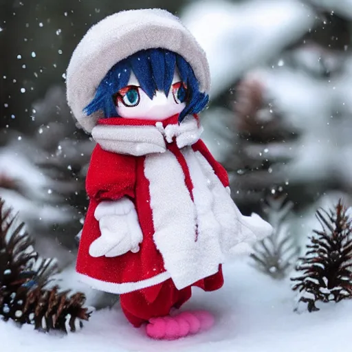 Prompt: cute fumo plush of a girl dressed for a winter snowstorm