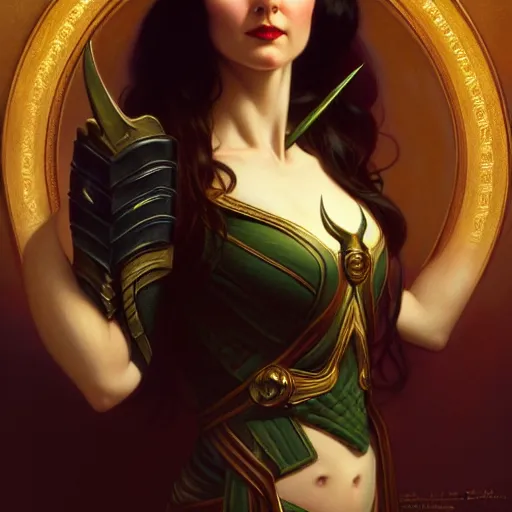 Image similar to of a female Loki, dark fantasy, medium shot, intricate, ornate, elegant, highly detailed, digital painting, volumetric light, artstation, concept art, smooth, sharp focus, illustration, art by Gil Elvgren and Charlie Bowater and Greg Rutkowski and Alphonse Mucha