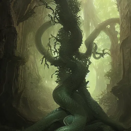 Prompt: a snake in the shape of a tree, by greg rutkowski, magic the gathering, highly detailed, matte painting, digital art